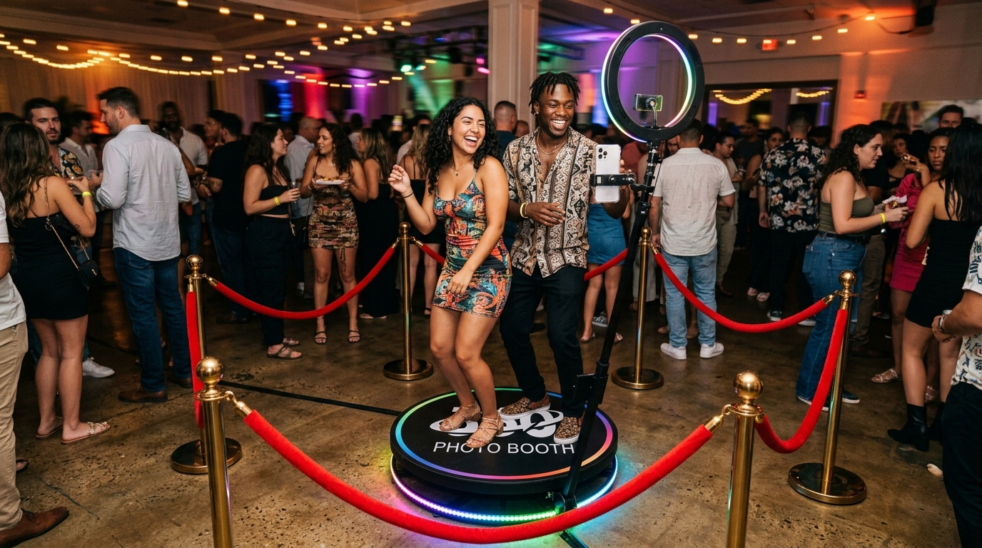 360 Photo Booth in Action - Guests on Platform with Spinning Camera